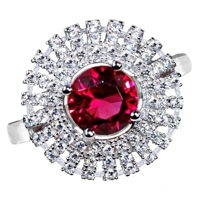 1 Cts Ruby, White Topaz Gemstones set in Solid 925 Sterling Silver Glamourous Ring Size 8 or Q