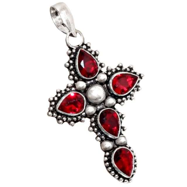Pear Shape Garnet Gemstones set in Antique Style Cross .925 Sterling Silver Plated Handmade Pendant
