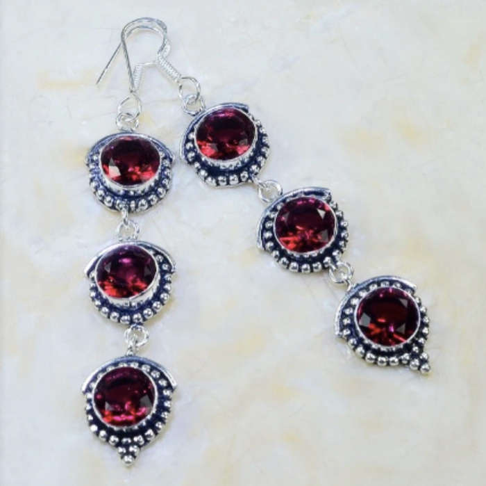 Handmade Raspberry Pink Rubellite Gemstone set in .925 Sterling Silver Plated Long Earrings