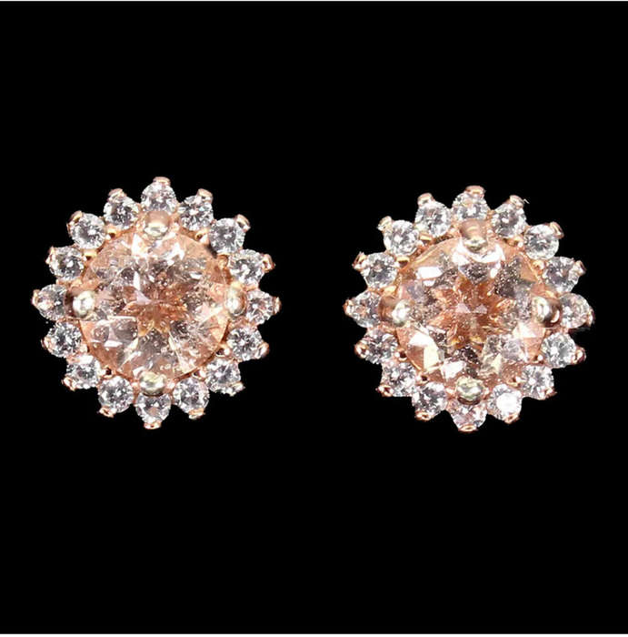 Dainty Natural Unheated Morganite and White Cubic Zirconia Solid .925 Sterling Silver Stud Earrings