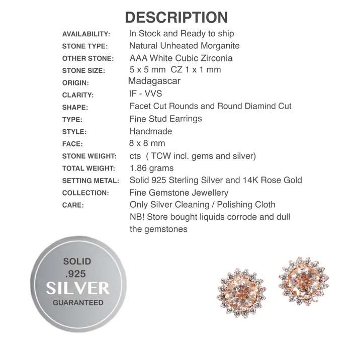 Dainty Natural Unheated Morganite and White Cubic Zirconia Solid .925 Sterling Silver Stud Earrings
