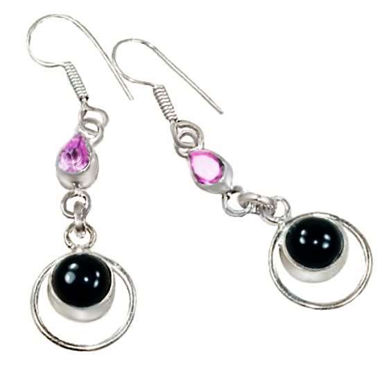 Black Onyx and Pink Topaz set in .925 Sterling Silver Plated Drop Dangle  Earrings