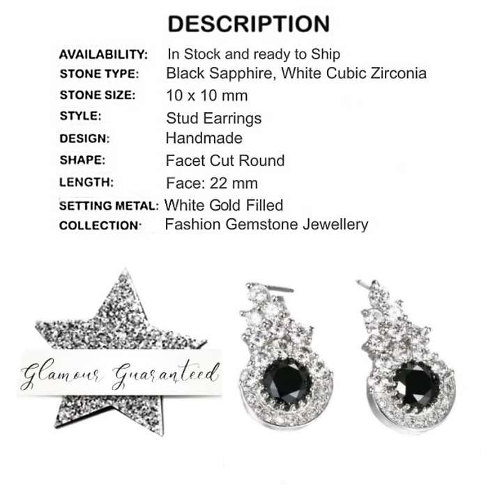 Handmade Black Sapphire and White Cubic Zirconia White Gold Filled Stud Earrings
