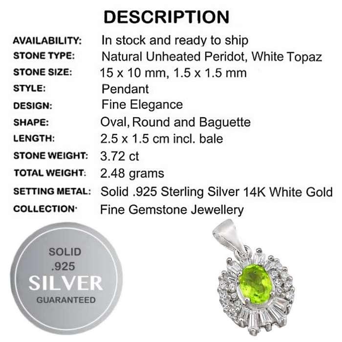 Natural Peridot and White Topaz Gemstone set in Solid .925 Sterling Silver Pendant