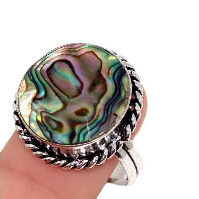 Natural New Zealand Abalone Round set in  925 Sterling Silver Plate Handmade Ring Size 9.5 / S 1/2
