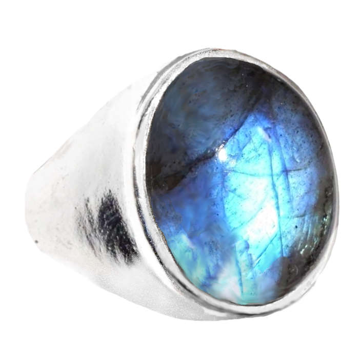 Natural Blue Fire Labradorite Oval Gemstone set in .925 Sterling Silver Plated Ring Sz 8 / Q
