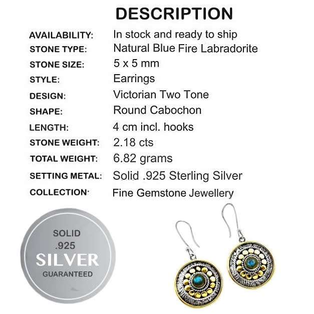 Two Tone Victorian Natural Blue Fire Labradorite Gemstone in Solid .925 Sterling Silver Earrings