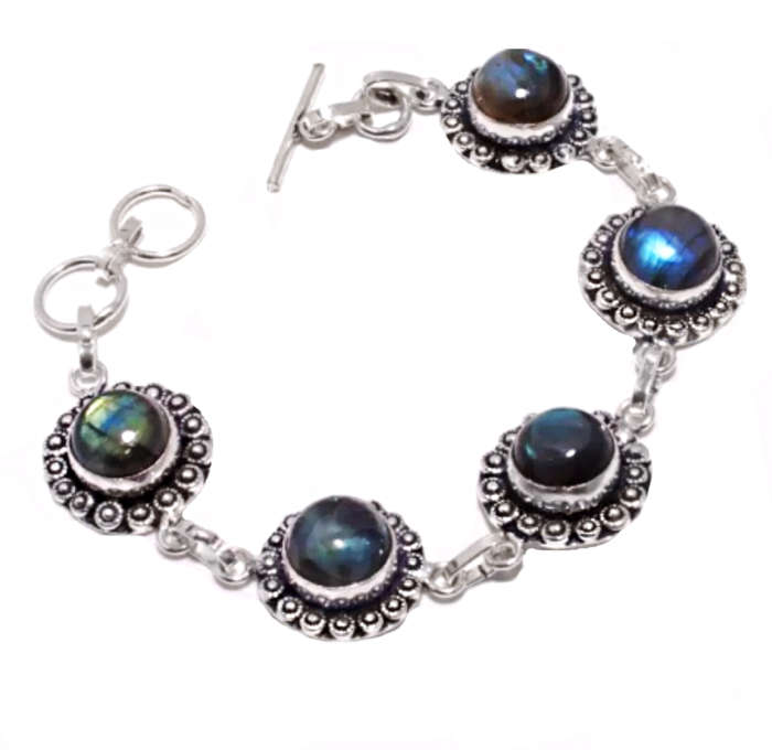 Natural Blue Fire Labradorite Round Gemstones in 925 Sterling Silver Plated Antique Style Bracelet