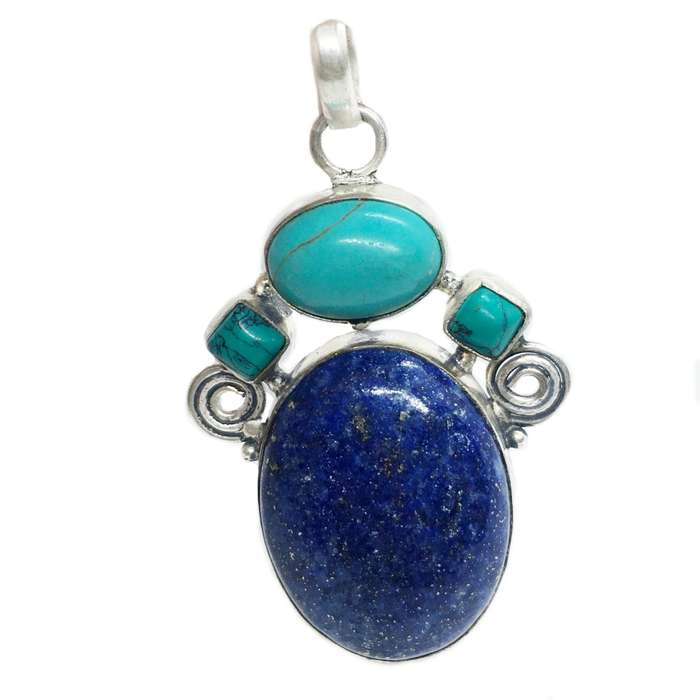 Natural Lapis Lazuli Oval and Turquoise Gemstone set in .925 Sterling Silver Plated Handmade Pendant