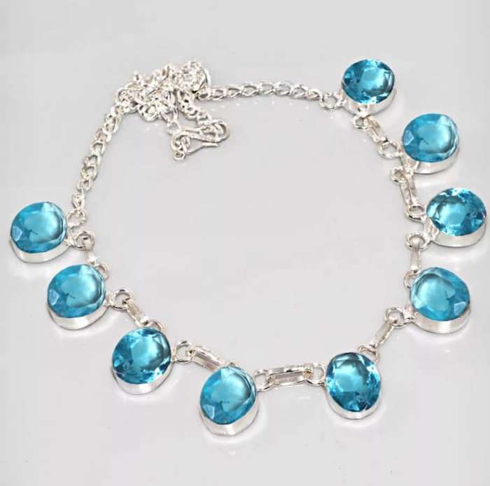 Blue Topaz Oval Gemstones set in .925 Sterling Silver Plated Handmade Necklace