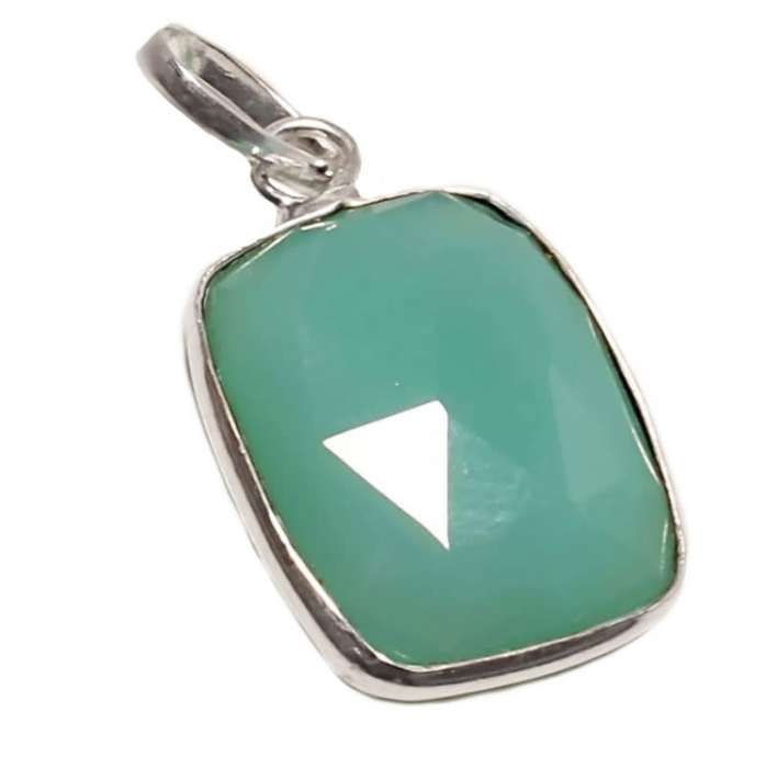 Aqua Green Chalcedony Rectangle Gemstone set in .925 Sterling Silver Handmade Pendant