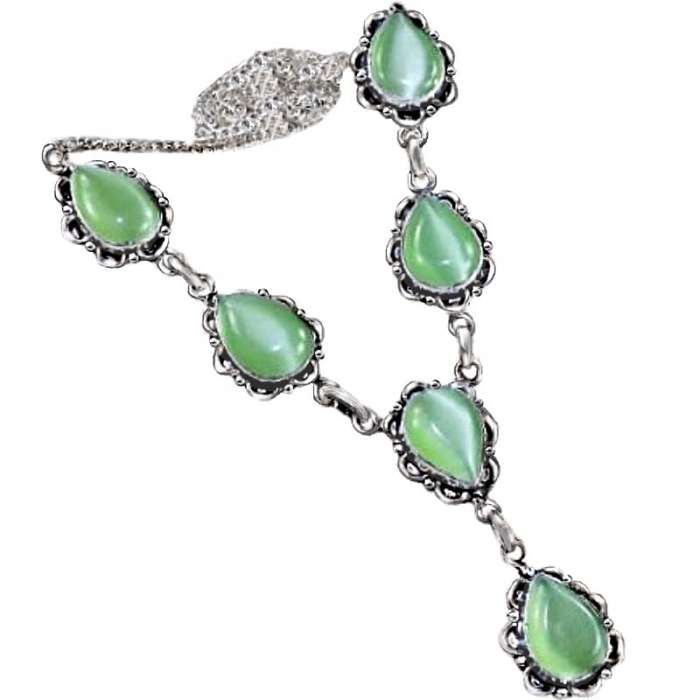 Handmade Pastel Green Cats Eye .925 Sterling Silver Necklace