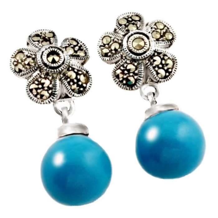 Natural Sleeping Beauty Turquoise and Marcasite Gemstone .925 Sterling Silver Stud Earrings