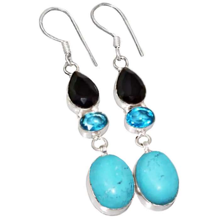 Turquoise Black Onyx, Blue Topaz Gemstones set in .925 Sterling  Silver Plated H/made Earrings