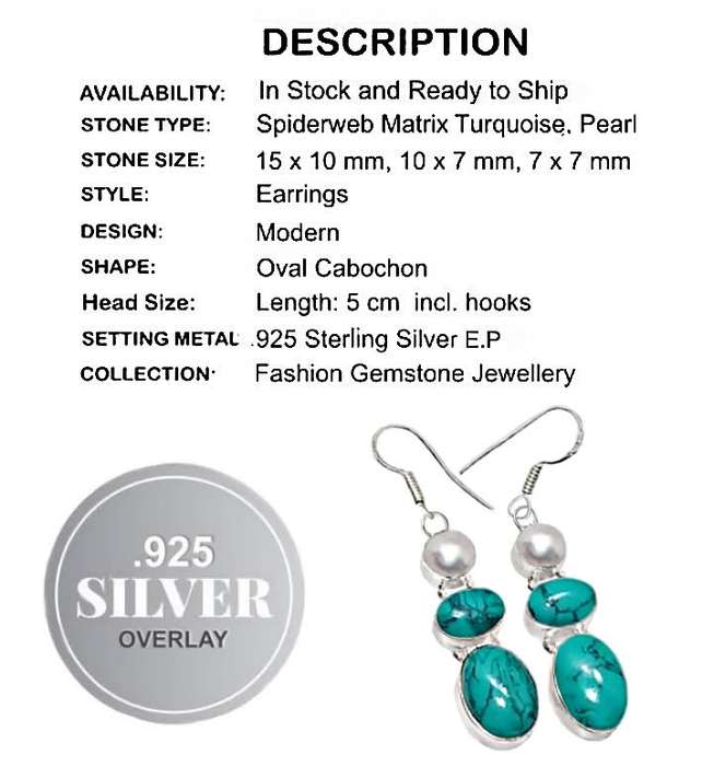 Spiderweb Matrix Turquoise and White River Pearl in Gemstone. 925  Sterling Silver Plated Earrings