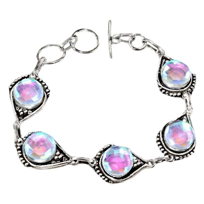Aqua Pink Rainbow Mystic Topaz set in  .925 Sterling Silver Plated Handmade Bracelet