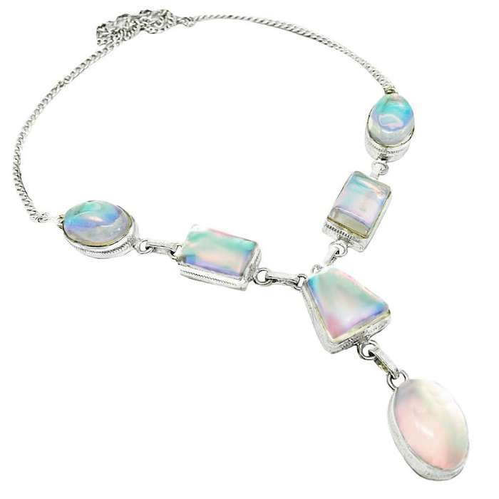 Aqua Pink Madagascar Fire Topaz Mixed Shape in .925 Silver Sterling Plated Y Shape Handmade Necklace