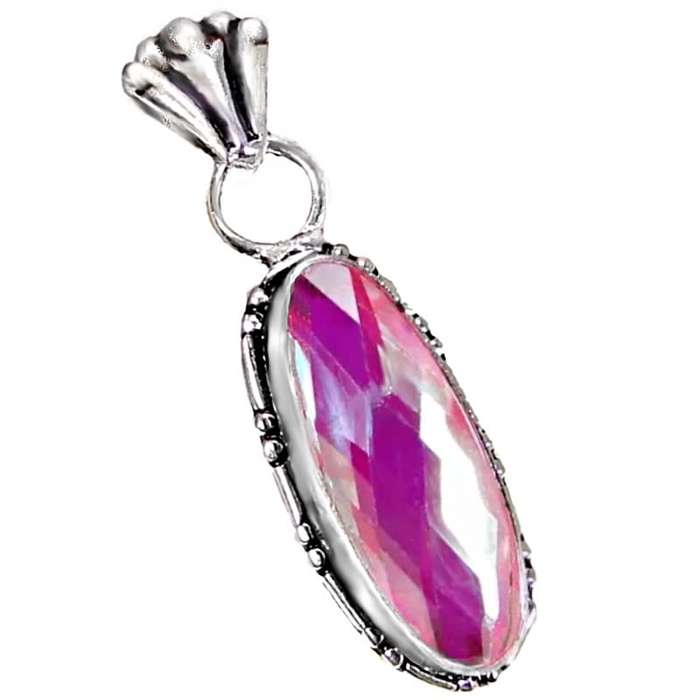 Aqua Pink Madagascar Fire Topaz Oval in .925 Sterling Silver Plated Dainty Pendant