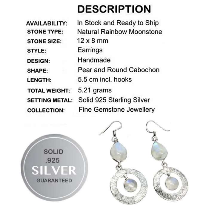 6.77 Ct Natural Rainbow Moonstone Mixed Shape Gemstones set in Solid .925 Sterling Silver Earrings