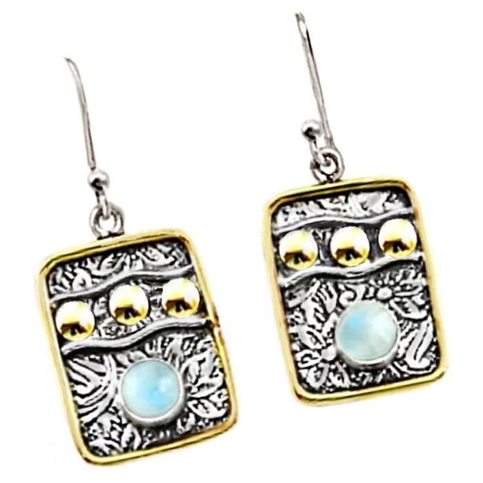 Two Tone Natural Rainbow Moonstone Round Gemstone set in Solid .925 Sterling Silver Earrings