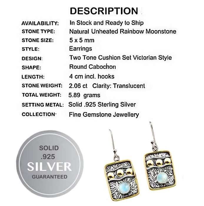 Two Tone Natural Rainbow Moonstone Round Gemstone set in Solid .925 Sterling Silver Earrings