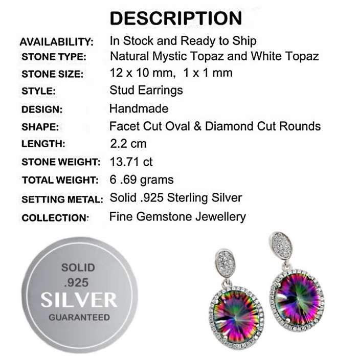 13.71 Cts Rainbow Mystic Topaz and White Topaz set in Solid .925 Sterling Silver Stud Earrings