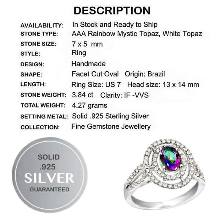 4.17 Cts Rainbow Topaz and White Topaz Ring set in Solid .925 Sterling Silver Size US 7/ O