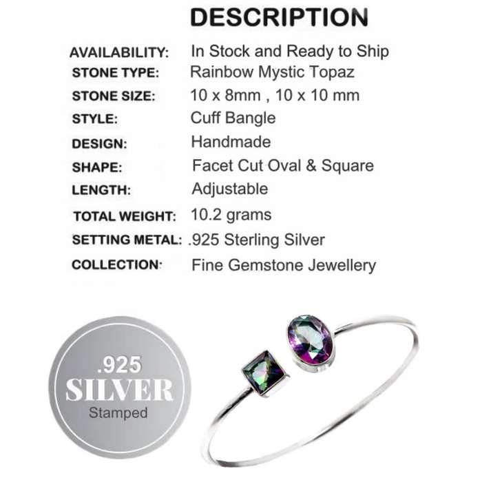 Modern Mystic Rainbow Topaz Gemstone set in 925 Sterling Silver Cuff Bangle