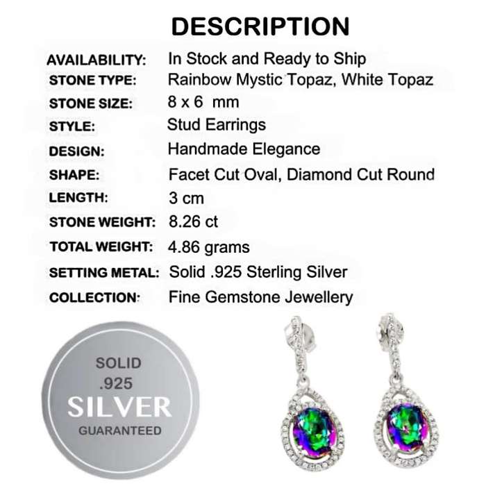 8.26 cts Rainbow Mystic Topaz, White Topaz Set In Solid .925 Sterling Silver Stud Earrings