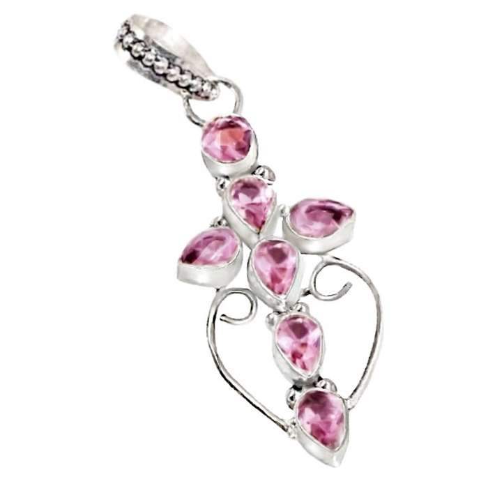 Pink Topaz Round and Pear Shapes in 925 Sterling Silver Plated Cross Pendant