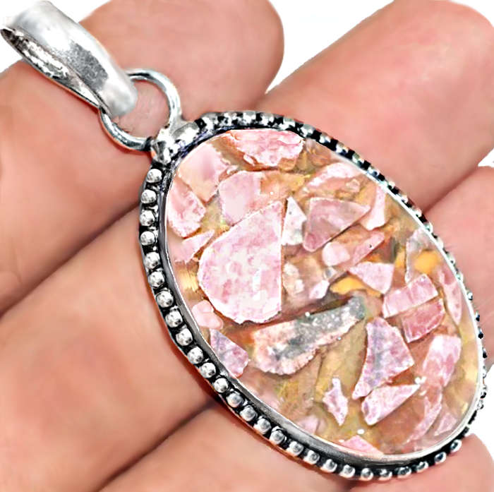 Natural Copper Rhodochrosite Oval Composite Gemstone .925 Sterling Silver Plated Pendant