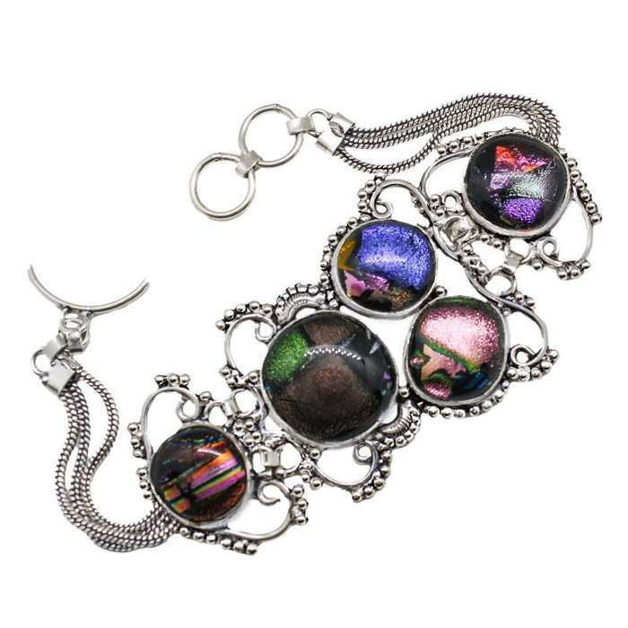 Fancy Dichroic Glass, Sapphire Quartz  set in .925 Sterling Silver Plated Handmade Necklace