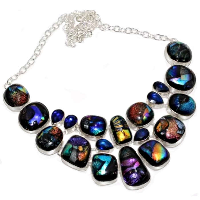 Fancy Dichroic Glass, Sapphire Quartz  set in .925 Sterling Silver Plated Handmade Necklace
