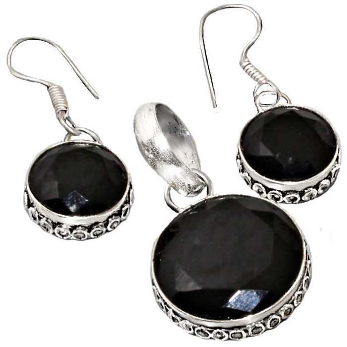 Dainty Natural Round Black Onyx set in .925 Sterling Silver Plated Handmade Pendant & Earrings Set