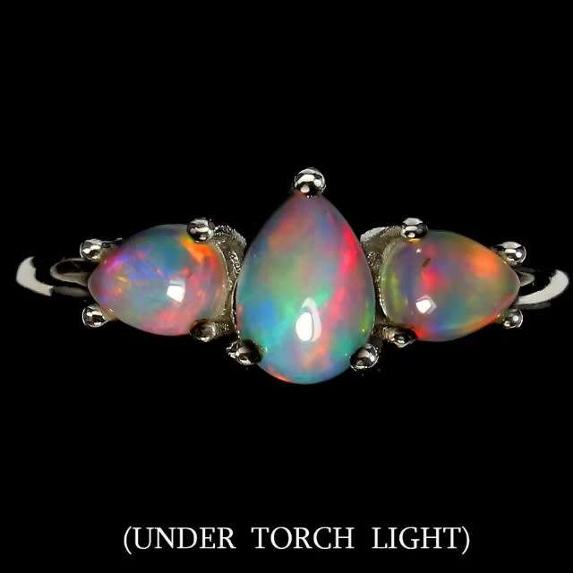 Natural Unheated Ethiopian Fire Opal Gemstone Pears set in Solid .925 Sterling Ring Size US 8.5