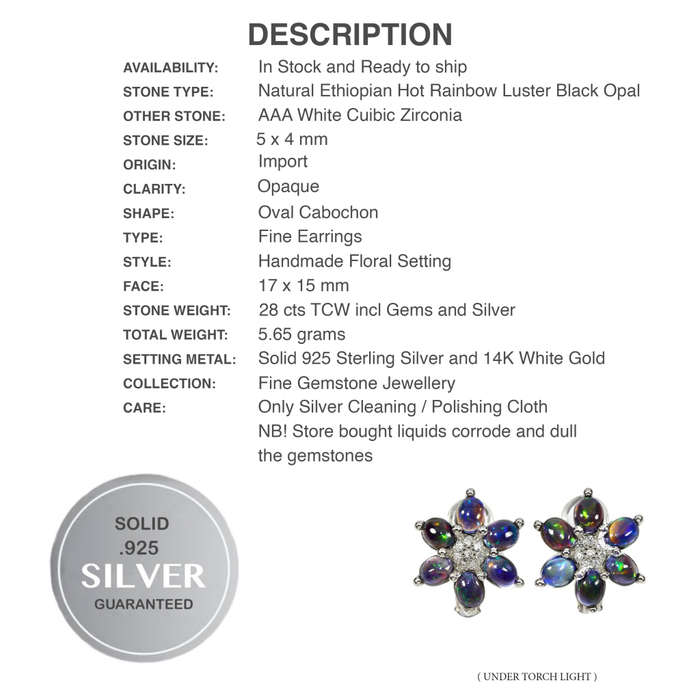 Deluxe Natural Unheated Rainbow Full Flash Black Fire Opal Solid .925 Sterling Silver Earrings