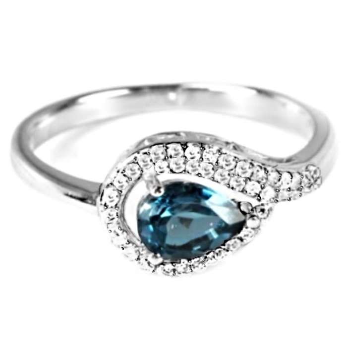 Natural Unheated London Blue Topaz CZ Solid .925 Sterling Silver 14K White Gold Ring US 7.75  / P1/2