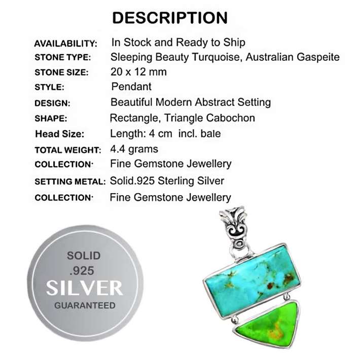 Natural Sleeping Beauty Turquoise and Australian Gaspeite set in Solid .925 Sterling Silver Pendant