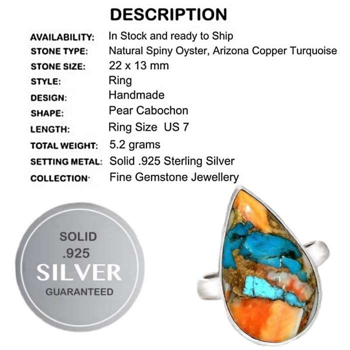 Natural Spiny Oyster South Western Arizona Copper Turquoise Solid .925 Sterling Silver Ring size 7/O
