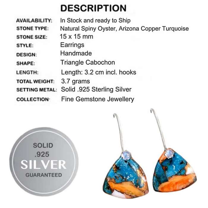 Natural Spiny Oyster Arizona Copper Turquoise Gemstone set in Solid .925 Sterling Silver Earrings