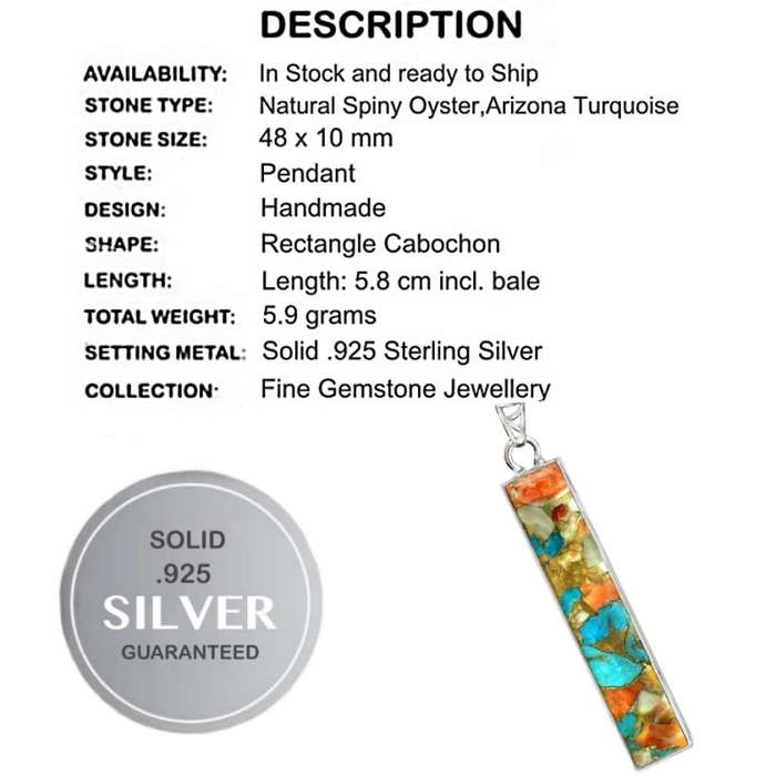 Natural Spiny Oyster Arizona Turquoise Gemstone set in Solid .925 Sterling Silver Pendant