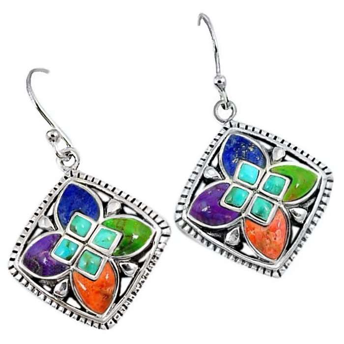 6.81 cts Natural Arizona Copper Turquoise Gemstones in Ornate Solid .925 Sterling Silver Earrings