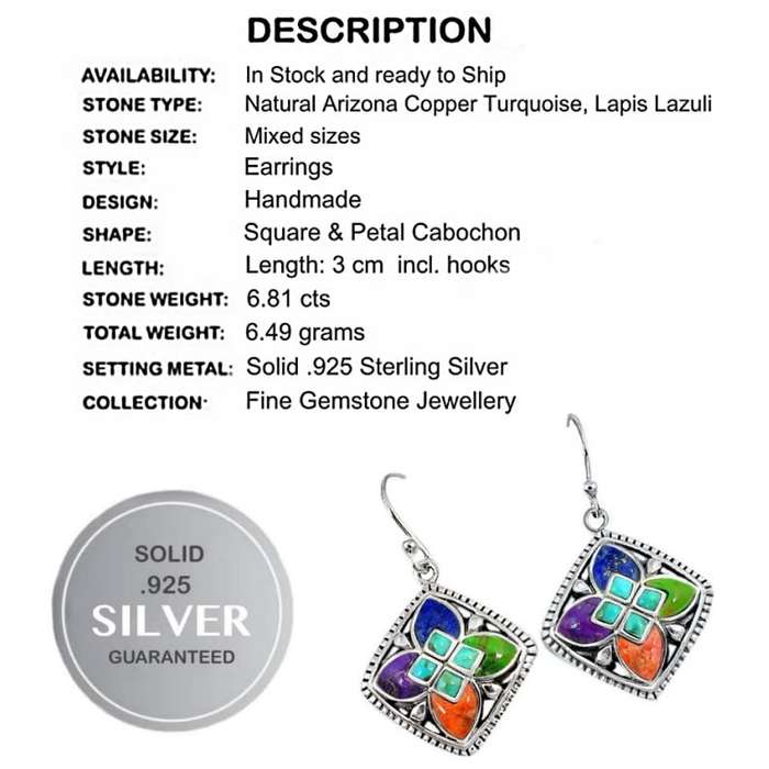 6.81 cts Natural Arizona Copper Turquoise Gemstones in Ornate Solid .925 Sterling Silver Earrings