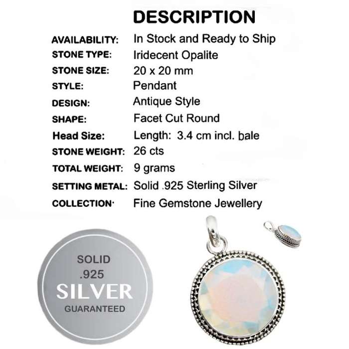 26 cts Fire Opalite Round Gemstone set in Antique Style Solid .925 Sterling Silver Pendant