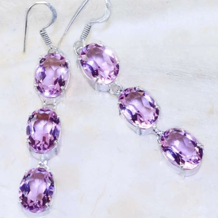 Pink Topaz  Facet Cut Ovals in 925 Sterling Silver Plated Long Drop Dangle Handmade Earrings