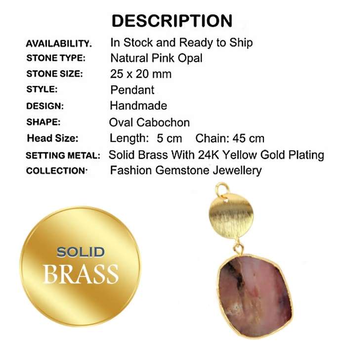 Reversible Wear Natural Pink Opal Gemstone Brass and 24K Yellow Gold Plated Pendant