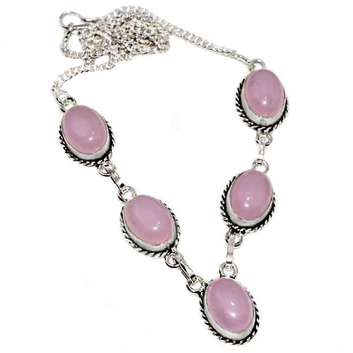 Pink Chalcedony Ovals set in  .925 Sterling Silver Plated Handmade Antique Style Necklace