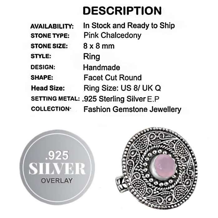 Pink Chalcedony Gemstone in .925  Sterling Silver Plated Handmade Antique Style Ring US 8 / UK Q
