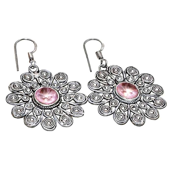 Indonesian -Bali Handmade Pink Topaz in .925 Silver Plated Drop Dangle Earrings