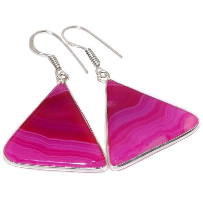 Natural Pink Botswana Lace Agate Triangle Gemstone in .925 Sterling Silver Plated Handmade Earrings